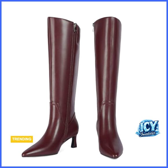 Knee High Boots with Pointed Toe and 2-Inch Kitten Heel, Faux Leather - Picture 2 of 7